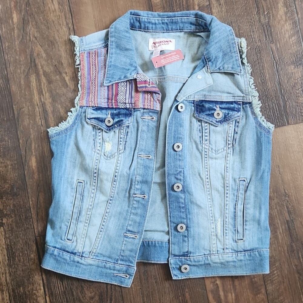 NEW Arizona Jean Company Blue Jean Denim Vest Pink Purple Geometric Accents SZ S